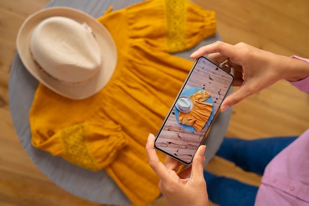 A close-up screenshot of a phone showing the Google Lens app highlighting a dress on a Shein webpage. Arrows point to the image search icon and the visual search results.