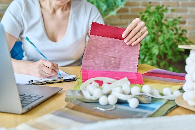 A designer working in a studio, surrounded by fabric swatches of various sustainable materials. They are sketching a design for a garment, taking into consideration the drape and texture of the fabrics available. Natural light fills the workspace, highlighting the fabrics' unique qualities.