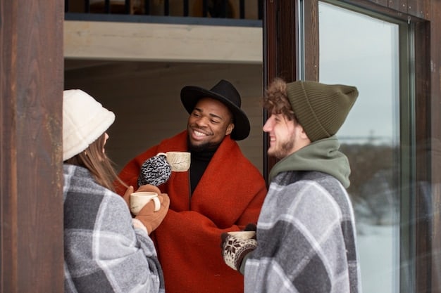 A diverse group of people dressed in fall fashion, showcasing different textures like leather, wool, velvet, and corduroy, interacting at an outdoor cafe.