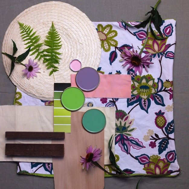 A fashion mood board displaying different color palettes for Spring 2025 floral prints. The mood board includes fabric swatches with neon floral accents, earthy-toned floral patterns, pastel floral designs, and bold contrasting floral prints. The arrangement highlights how different colors can transform the look and feel of floral patterns.