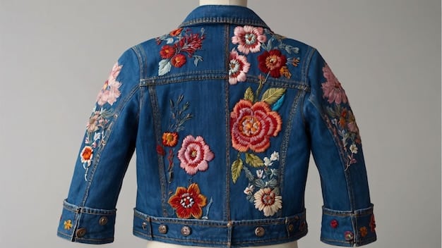 Close-up shot of a denim jacket with intricate floral embroidery on the sleeves and back. The background is blurred, focusing on the details of the embellishments.