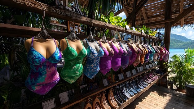 A swimwear display in a boutique featuring a variety of prints and patterns, including tropical floral bikinis, striped one-piece swimsuits, and geometric print cover-ups, all stylishly arranged.