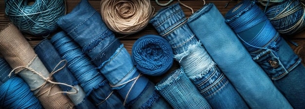 A fashion designer working in a studio, surrounded by rolls of sustainable denim fabric and sketches. The designer is using a computer to analyze the environmental impact of different denim production methods. The studio is bright and modern, with a focus on eco-friendly design elements.