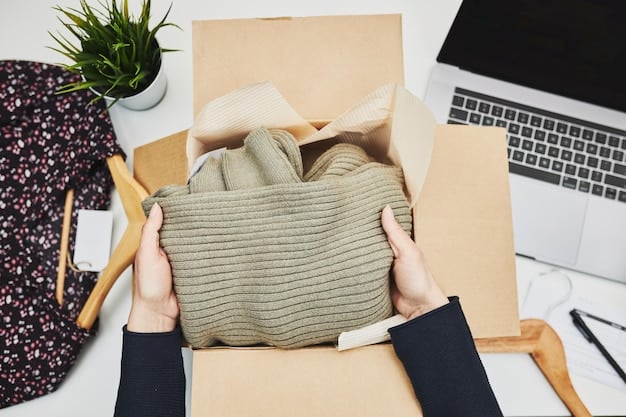 A close-up shot of clothing items spilling out of a partially opened Shein mystery box. The items vary in color and style, showcasing the element of surprise. The focus is on the textures and details of the clothes.