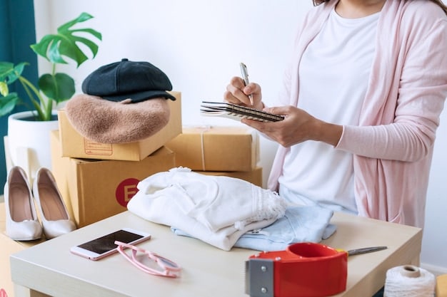 A person sorting through various clothing items received from a Shein mystery box. The items are laid out on a bed, and the person is holding up a piece of clothing, examining it closely. The scene suggests a mix of excitement and evaluation.