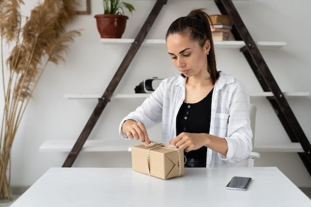 A person carefully packaging a Shein item for return, showing the item in its original packaging with all tags attached. The background includes a shipping label and packing tape, emphasizing the return process.