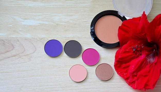 A close up shot of various Shein makeup products, including eyeshadow swatches, lipsticks, and foundation, arranged on a white table with good lighting to show texture and color.