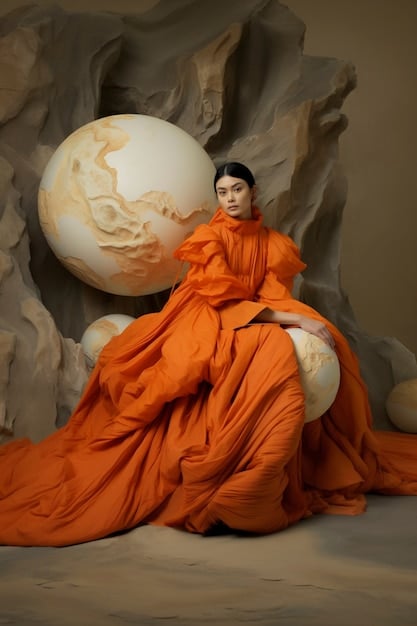 A mannequin dressed in a flowing, terracotta-colored fabric with subtle mauve undertones, draped elegantly to showcase the delicate color variation. The background is minimalist and bright.