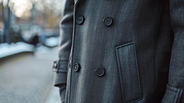 A close-up shot of a charcoal grey outfit featuring a blend of wool and leather textures, highlighting the subtle differences in material within the same color palette. The light emphasizes the varied surfaces.