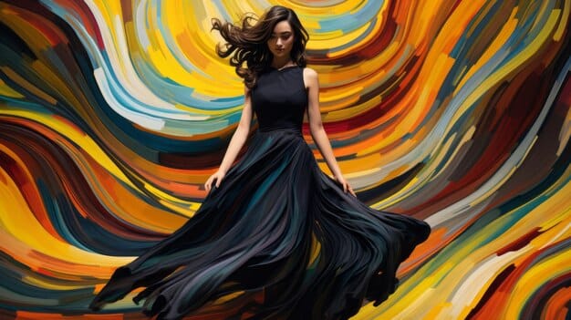 A person wearing a flowing maxi skirt with a vibrant artistic abstract print, walking through an art gallery, blending fashion with culture.