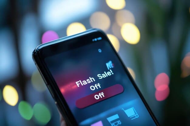 A close-up shot of a smartphone screen displaying the Shein app with various flash sales and daily deals highlighted, fingers swiping through the options, emphasizing timely action for hot deals.