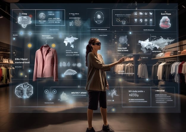 A futuristic interface showing an augmented reality shopping experience with Shein clothing, displaying personalized AI-driven discount suggestions and real-time price changes, highlighting the future of smart shopping.