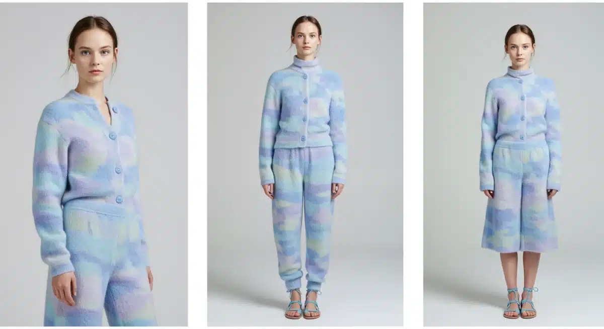 Model in Ethereal Dawn palette, soft lavender, sky blue