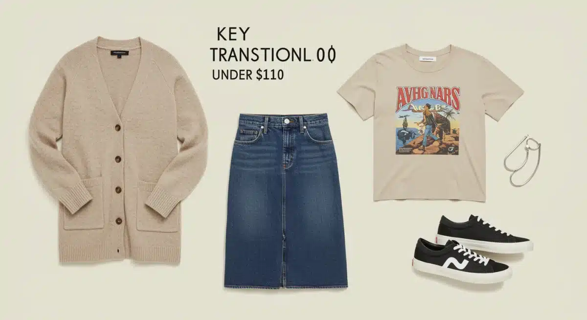 Flat lay of 2026 transitional fashion pieces under 0