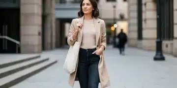 Woman in minimalist budget-friendly outfit walking confidently in city