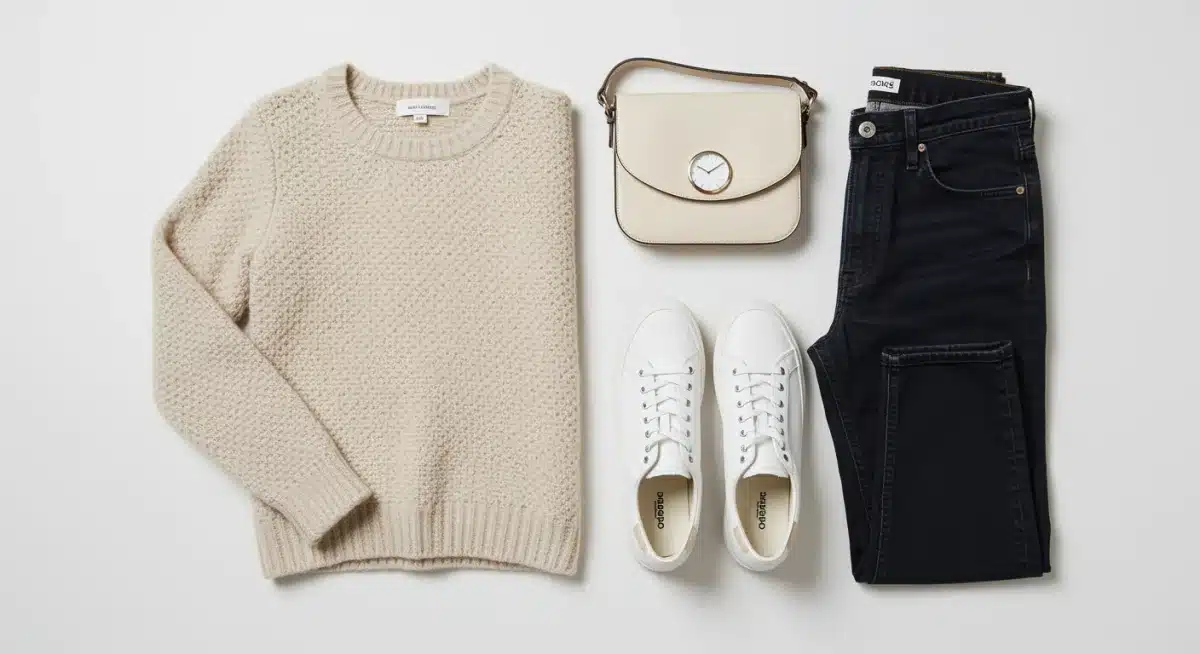 Capsule wardrobe with versatile knit sweater, jeans, and sneakers
