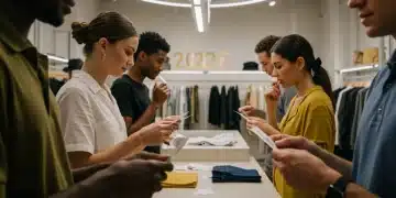 People inspecting clothing labels for ethical and sustainable details in a modern store setting.