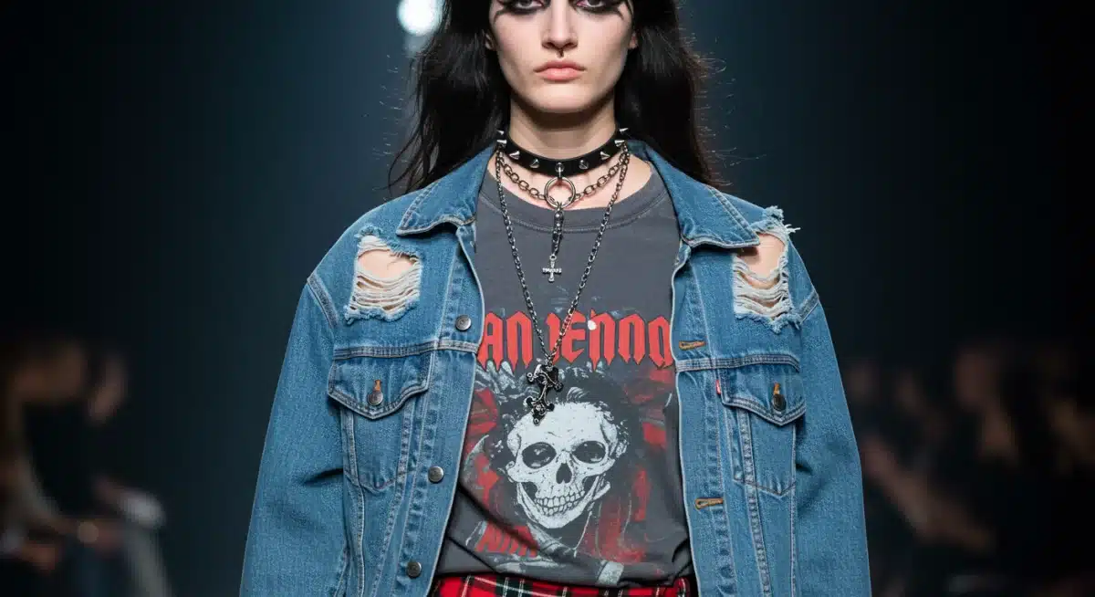 Model in grunge-inspired layered outfit on Fall 2026 runway