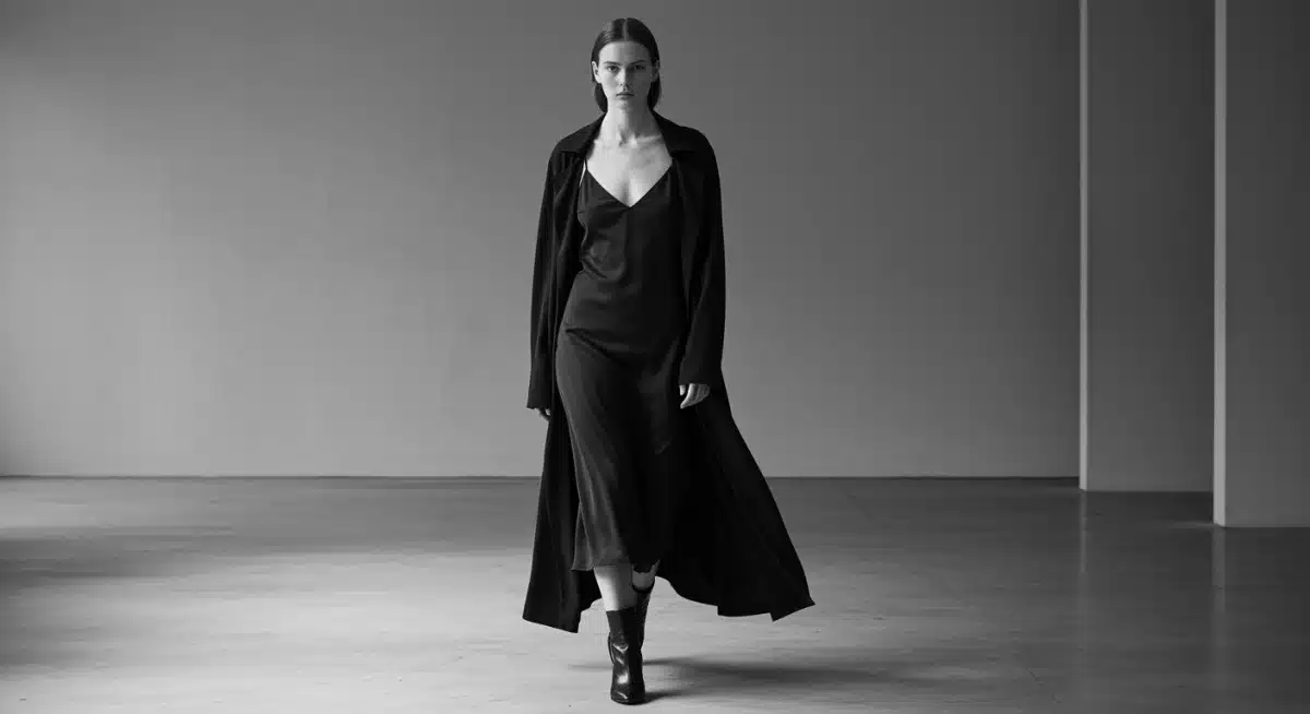 Model in minimalist black slip dress and duster coat on runway