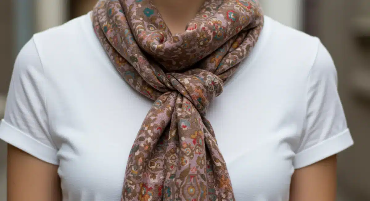 Person tying a statement scarf to transform a simple outfit