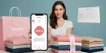 Woman using Shein app with clothes and calendar for return trick