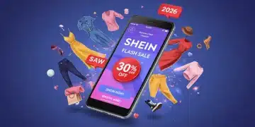 Illustration of a Shein flash sale notification on a phone with 30% off, surrounded by trendy clothing items.