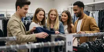 Shoppers enthusiastically exploring racks of quality apparel in a modern store, seeking value under $100.