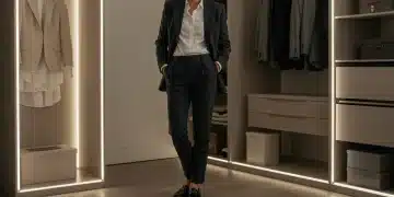 Woman showcasing smart fashion investments with a classic blazer, white shirt, and dark trousers.
