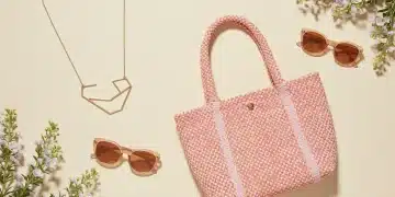 Three distinct spring 2026 accessory trends: geometric necklace, woven tote, retro sunglasses, arranged on a pastel background.
