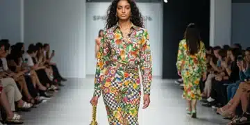 Model in bold pattern mixed outfit for Spring 2026