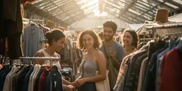 People happily shopping for sustainable fashion at a vibrant second-hand clothing market