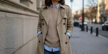 Woman demonstrating smart layering with trench coat and scarf for transitional weather in an urban setting.