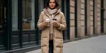 Woman in stylish long puffer coat, embodying 2026 winter fashion trends