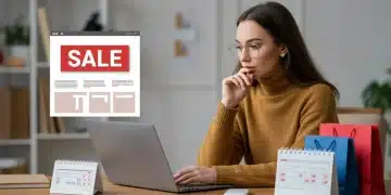 Woman confidently navigating online fashion sales on laptop