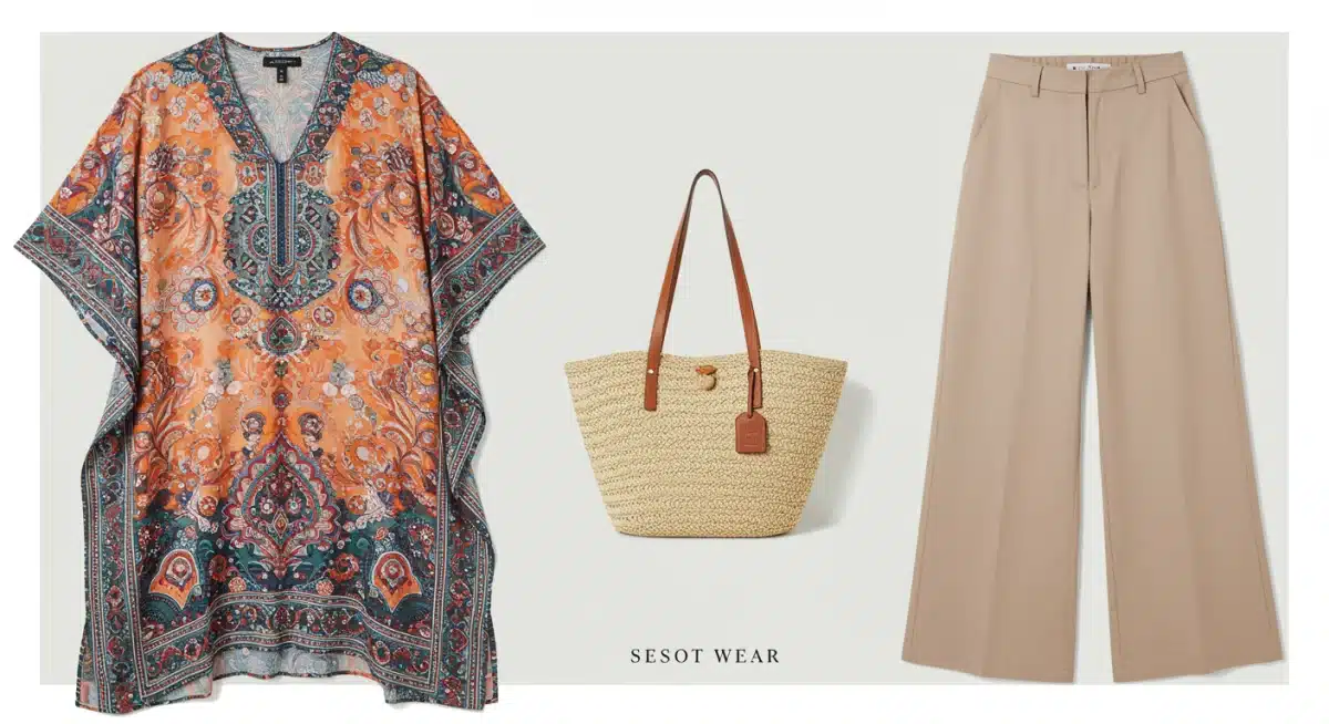 Flat lay of caftan, wide-leg trousers, and straw tote bag, 2026 resort wear essentials