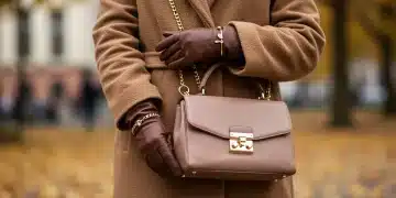Woman in fall fashion with statement handbag and elegant accessories.