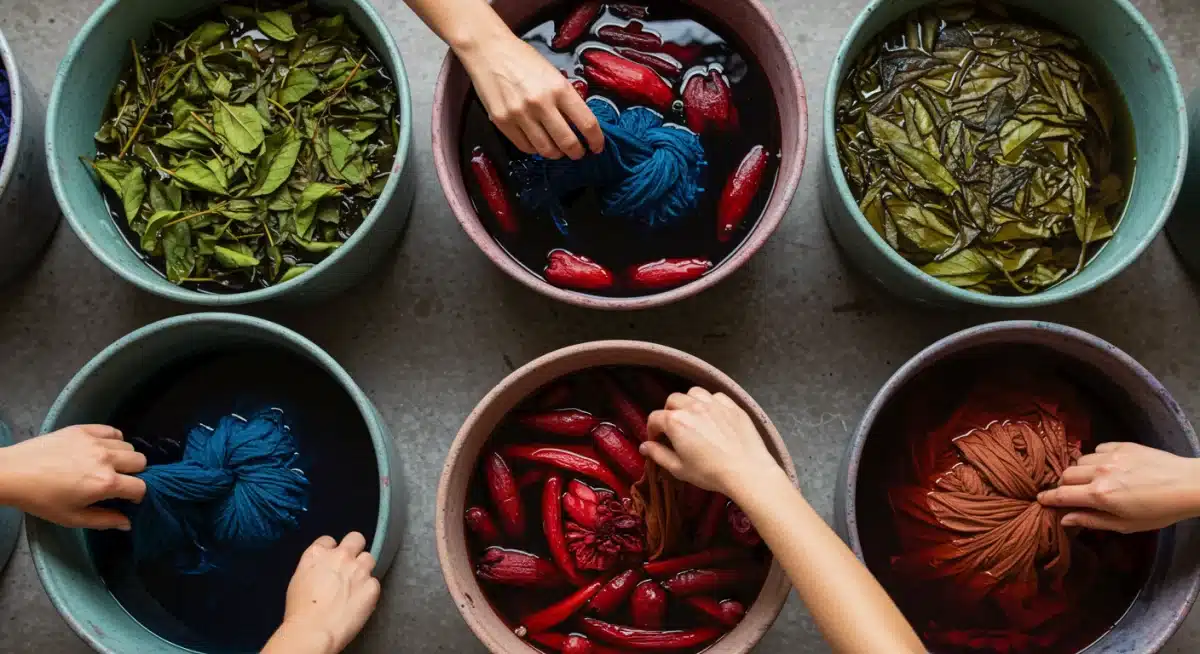 Natural dyeing process with botanical elements, demonstrating eco-conscious textile production.
