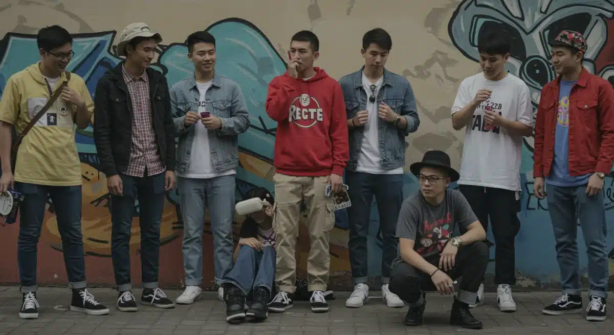 Youth displaying nostalgic fashion revivals, blending past and present styles.