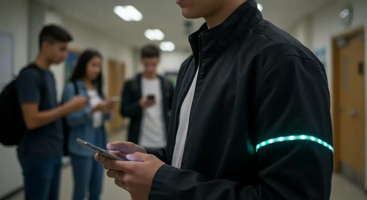 Teenager wearing tech-infused smart jacket, showcasing future fashion.