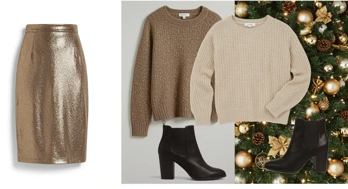 Flat lay of three versatile holiday wardrobe items: metallic skirt, cashmere sweater, ankle boots