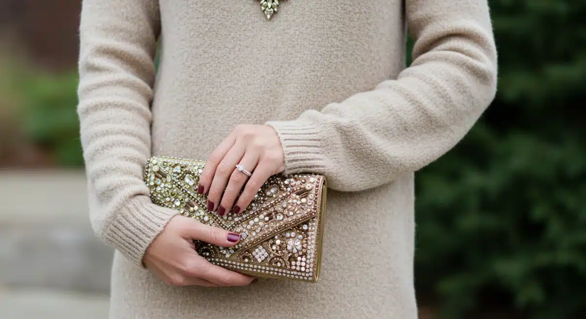 Versatile embellished clutch bag styled with a neutral outfit