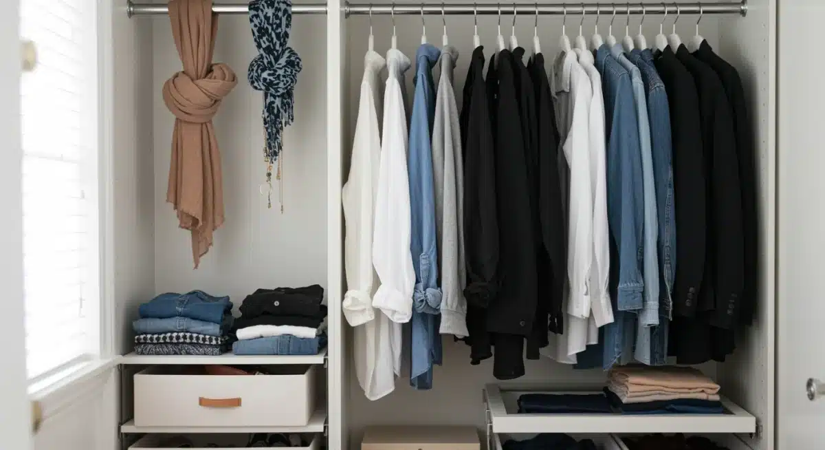 Organized capsule wardrobe with versatile clothing for budget fashion.