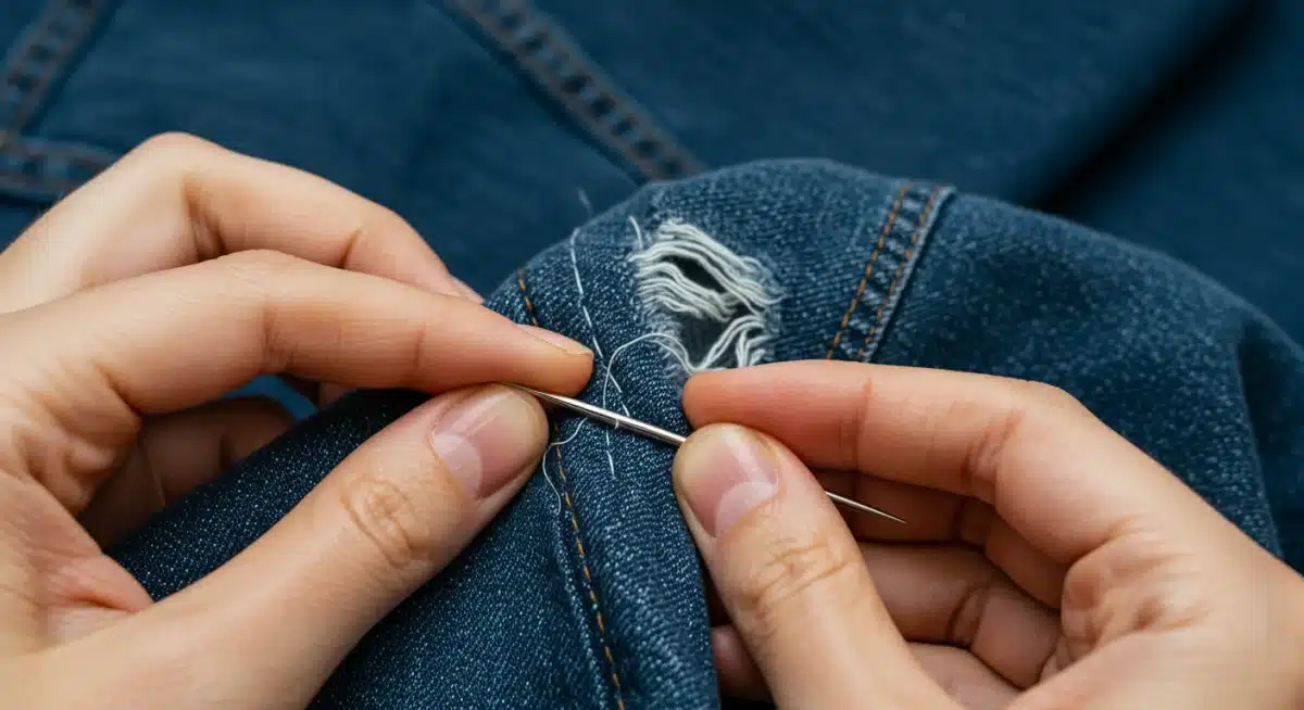 Hands mending a piece of clothing to extend its lifespan