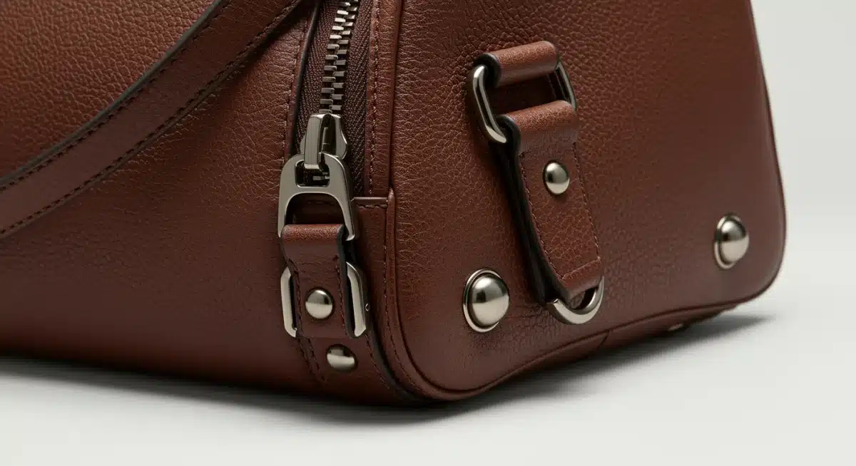 Close-up of a designer handbag, showcasing durable hardware and fine leather for lasting quality.