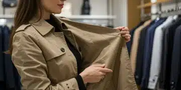 Woman inspecting stitching on a classic trench coat, embodying high-quality fashion investment.