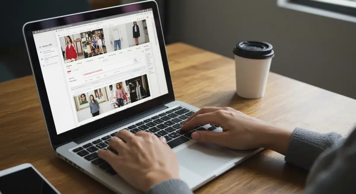 Hands searching for discount codes on a laptop for fashion purchases