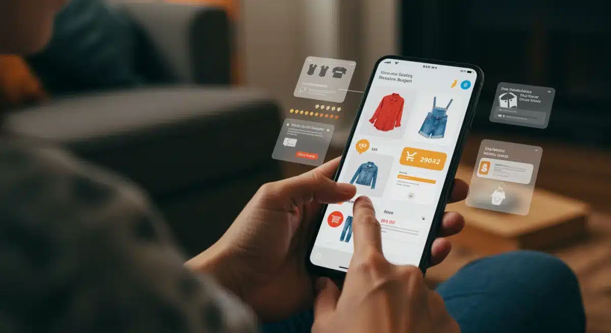 Person comparing clothing prices online, using smartphone for smart shopping.