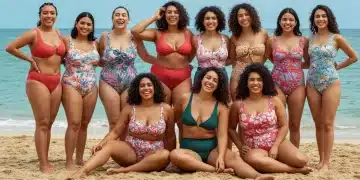 Diverse women in flattering Summer 2026 swimwear on a beach, smiling confidently.