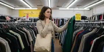 Young woman shopping for sustainable fashion on a budget at a thrift store