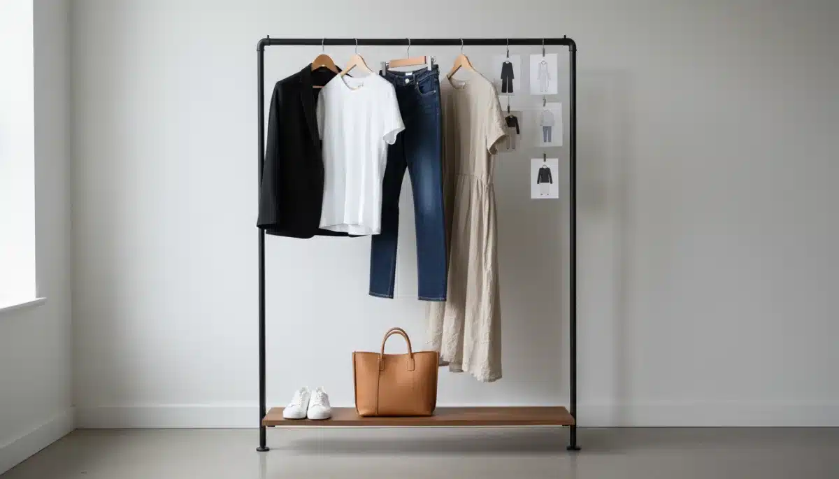 Minimalist capsule wardrobe on a rack, showcasing versatile and interchangeable garments.